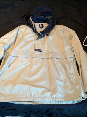 Chaps Men's Light Beige and Navy Hooded Pullover Windbreaker